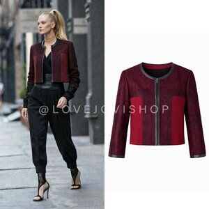 Blazer | Magaschoni Burgundy Red and Black Lace Cropped Jacket | Leather Piping